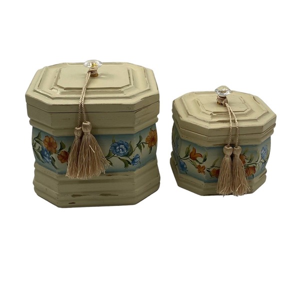 Vintage Hexagon Nesting Wood Jewelry Urn Boxes Floral Shabby Chic Crystal Handle - Picture 11 of 12